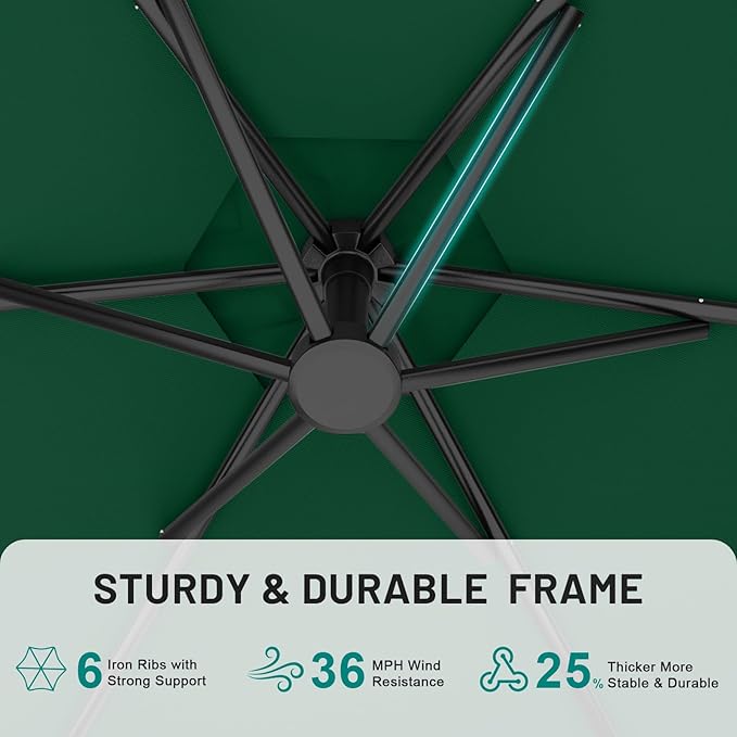 AreShark 10FT Patio Outdoor Umbrella, Offset Patio Umbrella Cantilever Umbrella, 6 Sturdy Ribs, Easy Adjustment for Garden Market Pool with Cross Base (Dark Green)