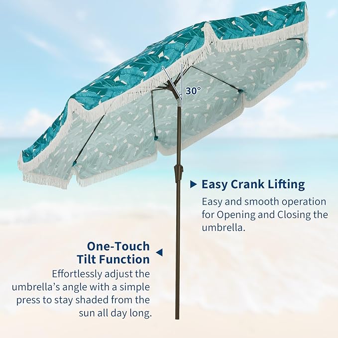 PeakPursuit 9 ft Patio Umbrella with Fringe, Tassel Outdoor Beach Umbrella for Sand with Push Button Tilt, 8 Fiberglass Ribs, UV 50+ Sun Protection for Garden, Pool, Backyard, Deck