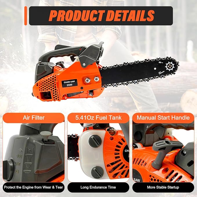 25.4CC 2-Cycle Top Handle Chainsaw Gas Chainsaws, 11.8 Inch Gas Powered Petrol Handheld Cordless Gasoline Chain Saw w/Safety Lock & Automatic Return Switch for Wood Pruning, Tree Stump Trimming