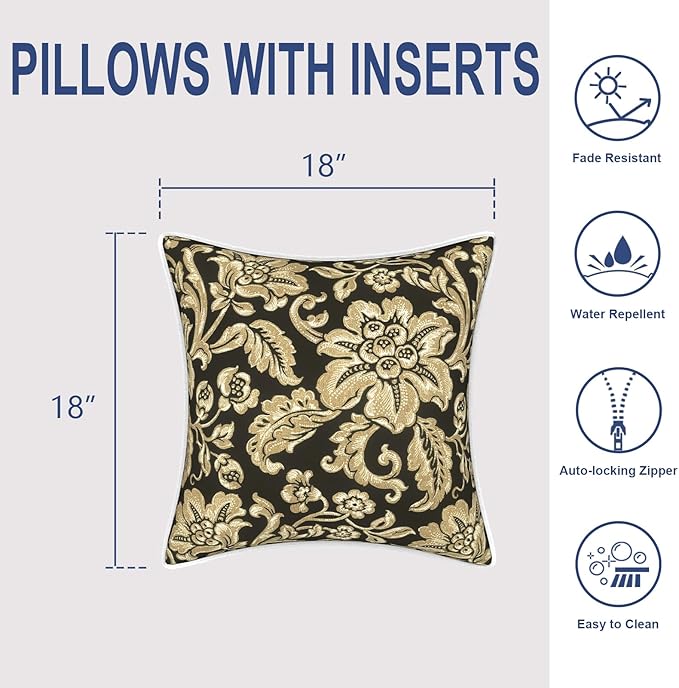 Outdoor Throw Pillows Inners, Fade Resistant Patio Furniture Square Pillows with Piping Set of 2 for Patio Furniture, 18x18 Inch, Jacobean Black