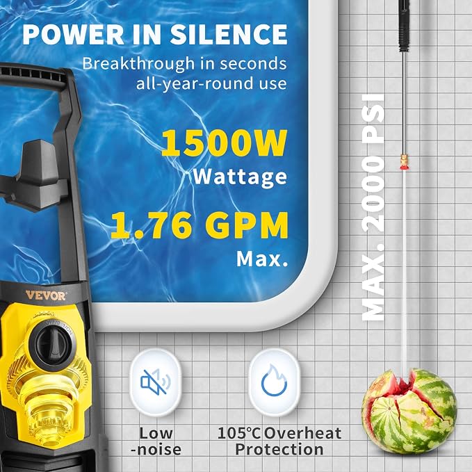 VEVOR Electric Pressure Washer, 2000 PSI 1.76 GPM, Portable Cleaner with 30ft Hose, Foam Cannon & 5 Nozzles for Cars, Patios, Fences - ETL Listed