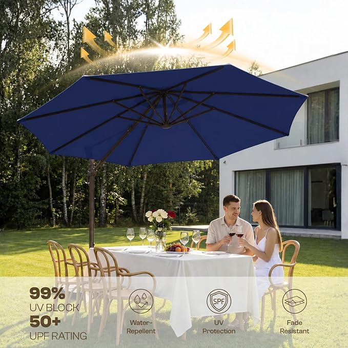 Kingdura 9ft Cantilever Patio Umbrella with Base Included, Large Round Metal Outdoor Offset Umbrella with 360-degree Rotation, 4 Position Tilt, UV Protection for Pool Deck Patio (Navy blue)