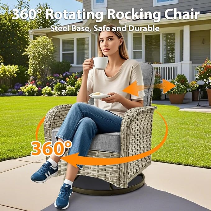 11 Pieces Patio Sectional Furniture Set, Outdoor Wicker Sectional Couch with Firepit Swivel Rocker Chairs Solar Lights Table, Modern Conversation Set for Porch Balcony Backyard, Dark Gray