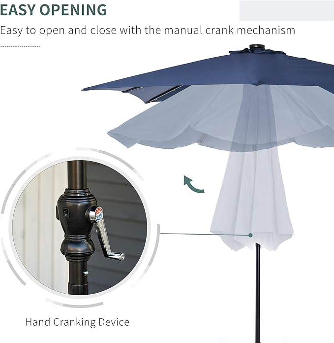 Outsunny 9' x 7' Solar Umbrella, LED Lighted Patio Umbrella for Table or Base with Tilt & Crank, Outdoor Umbrella for Garden, Deck, Backyard, Pool, Beach