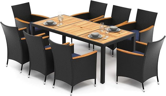HAPPYGRILL 9 Pieces Outdoor Dining Set for 8, Patio Furniture Set with Acacia Wood Tabletop, Umbrella Hole, Seat Cushions, Rattan Dining Table & Chairs Set for Garden Yard Poolside
