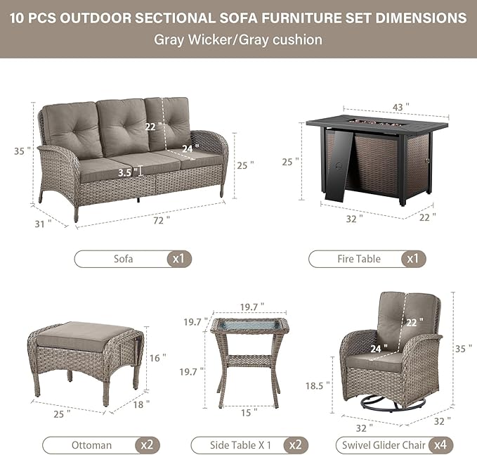 Belord Expansive 10 Pieces Outdoor Patio Furniture Set with 43” Propane Fire Pit Table, Patio Conversation Set with Swivel Rocker Outdoor Chairs Set of 4 and Sofa, Ottoman and Wicker Side Table Gray