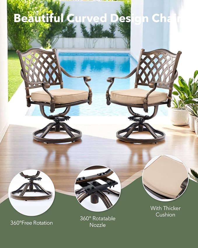 7 Piece Cast Aluminum Outdoor Dining Set, Retro Patio Dining Furniture Set for 6 Includes 59” Table 2 Swivel & 4 Stackable Lattice Chairs with Cushions and 2“ Umbrella Hole for Porch Poolside Garden