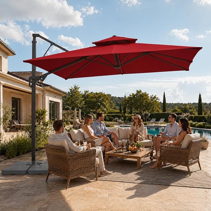 JEAREY 9ft 2-Tier Cantilever Patio Umbrella, Large Square Outdoor Offset Umbrella with Double Top Vent and 360-degree Rotation for Garden, Deck, Pool, Patio, Red