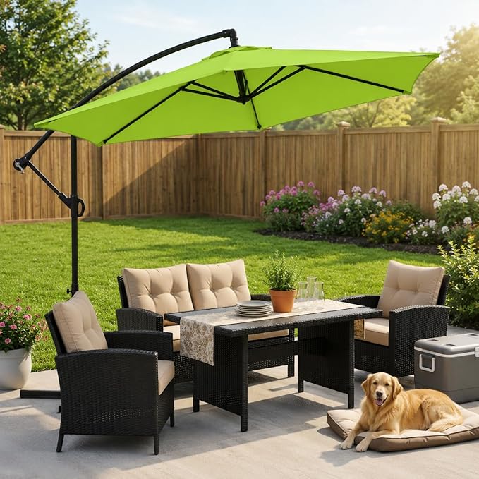 JAMFLY Large 9FT Offset Patio Umbrella with Cantilever Crank & Infinite Tilt, Heavy Duty Outdoor Hanging Umbrella with Cross Base for Backyard, Deck, Poolside
