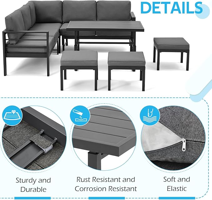 All Weather Aluminum Frame Patio Conversation Set, 7 Pieces Outdoor Patio Furniture, Patio Furniture Set, Outdoor Patio Set for Lawn, Garden, Balcony, Poolside, Conversation Set(Black)