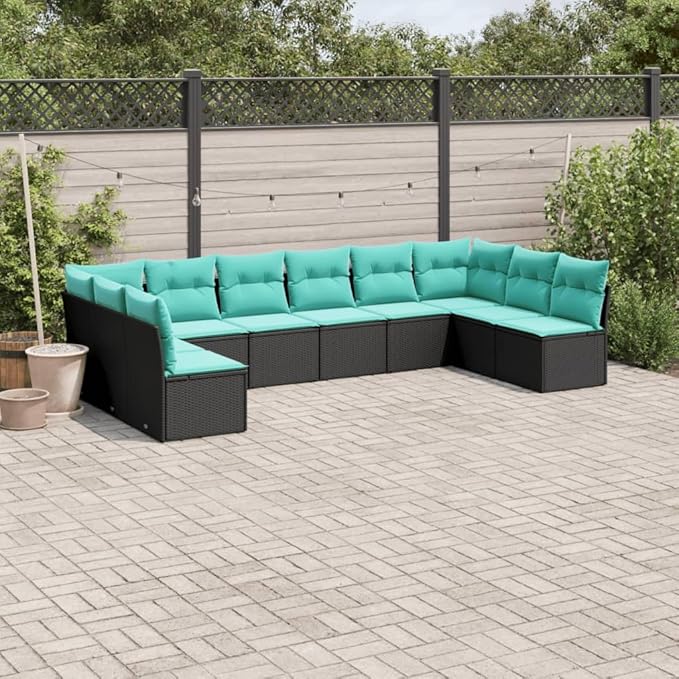 10 Piece Patio Sofa Set with Cushions, Sectional Sofa Garden Lounge Set Patio Conversation Set Outdoor Dining Sets for Poolside Garden Negotiation Area Exhibition Black Poly Rattan