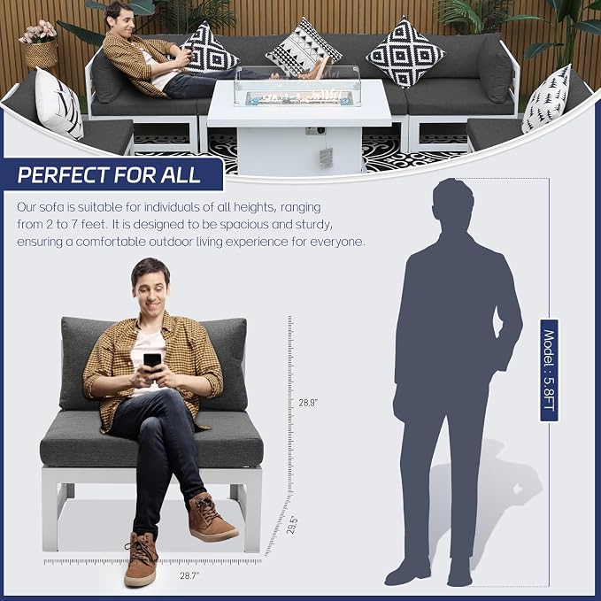 BULEXYARD 7 Piece L-Shaped Contemporary Aluminum Outdoor Furniture Set with Firepit, 29" Deep Wide Large Couch Set, 500 lbs High Weight Capacity Modular Patio Sectional Sofa for Garden Lawn, Dark Grey