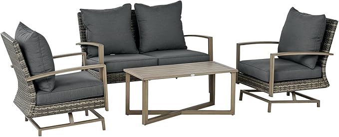 Outsunny 4 Piece Wicker Patio Furniture Set with 2 Rocking Chairs, Loveseat Sofa, Outdoor PE Rattan Conversation Set with Cushions, Aluminum Table for Porch, Poolside, Dark Gray
