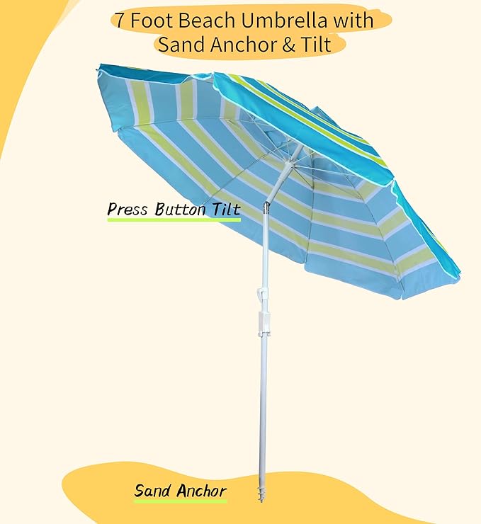 Beach Umbrella, 7ft Umbrella with Sand Anchor & Tilt Pole, Portable UV 50+ Protection Wind Vent Canopy Carry Bag, CA1601