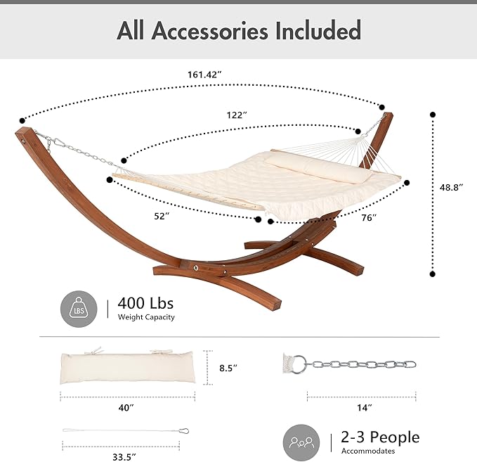 ANOW Heavy Duty Curved Wood Arc Stand with 2 Person Rope Hammock, 13.5FT Larch Wood Stand with 2 Chains, 4 Balance Ropes and 4 Carabiners, Includes Cream Hammock with Spreader Bars