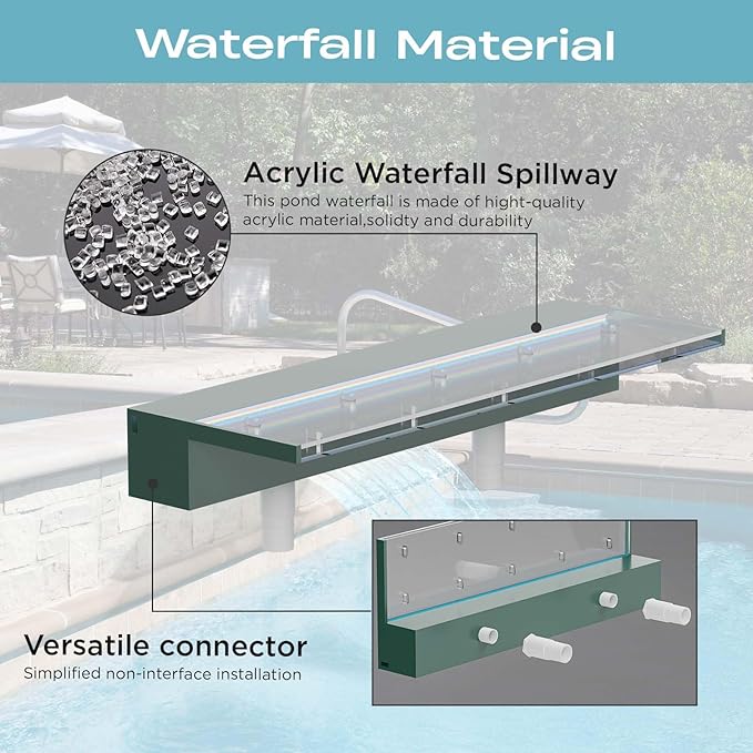 Acrylic Pool Fountain Waterfall with LED Lights - 11.8" LED Strip Remote Control with 18 Colors, Smooth Water Flow & Cascade Blade, Easy Installation for Outdoor, Garden, Patio & Ponds