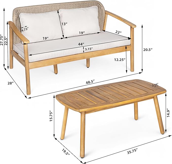 Christopher Knight Home Landon 2 Pieces Patio Conversation Set, Acacia Wood Loveseat and Coffee Table, Woven Rope Couch, Slat Wood Accent Table, Sofa and Table Set for Garden Balcony Yard, Teak+Beige