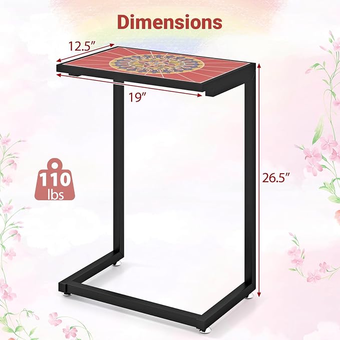 Tangkula C-Shaped Outdoor Side Table, w/Ceramic Top & Anti-Rust Metal Frame, Small Patio End Table for Couch, Sofa & Bed, Outdoor & Indoor Accent Furniture for Living Room, Poolside, Balcony (2, Red)