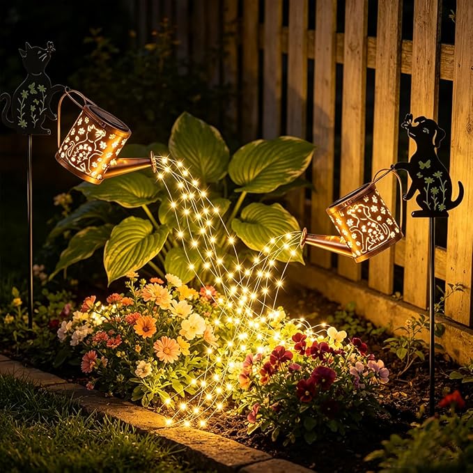Watering Can Solar Lights for Outside, Watering Can with Cascading Lights Shepherd's Hook, Gardening Gifts for Women, Yard Decoration Outdoor and Garden Backyard