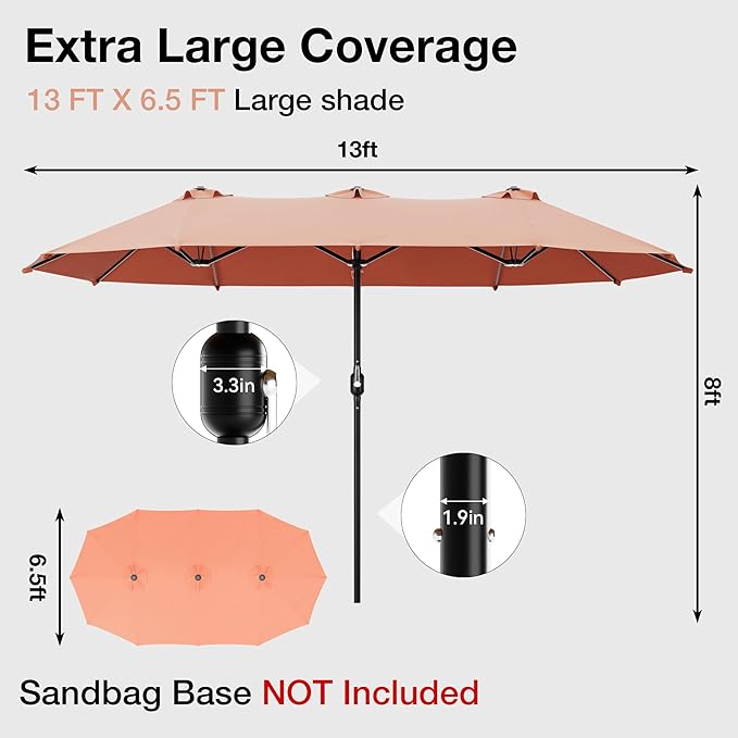 Joyside 13FT Large Patio Umbrella, Outdoor Double Sided Umbrella, Rectangle Umbrella with Crank Handle, 12 Sturdy Ribs for Deck, Porch and Pool