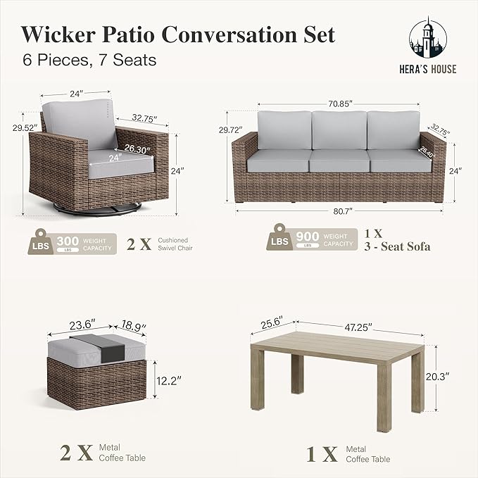 Patio Furiture Set with Swivel Glider Chairs, Outdoor Wicker Conversation Set with 5.5" Thick Cushions, 6 Pieces Deep Seating Outside Sofa Set with 4.92" Wide Armrests for Deck Lawn, Grey