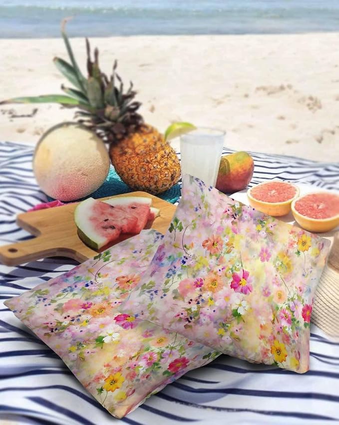 Abstract Outdoor Throw Pillow Covers Pack of 2, Spring Oil Painting Plant Colorful Flowers Waterproof Pillow Covers Pillowcase for Outside Furniture Bench Patio Garden Decorative, 20"x20"