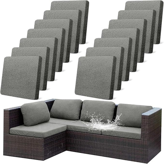 CALBODE 14Pcs Outdoor Stretch Cushion Covers,Waterproof Outdoor Chair Cushion Covers for Patio Furniture, Washable Jacquard Couch Covers Replacement for Patio Furniture(Grey, Cover Only)