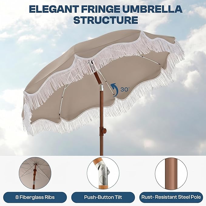 7ft Patio Umbrella with Fringe, Boho Beach Umbrellas, Outdoor Tassels Umbrellas with Push Button Tilt & Carrying Bag, 8 Windproof Fiberglass Ribs, UPF50+