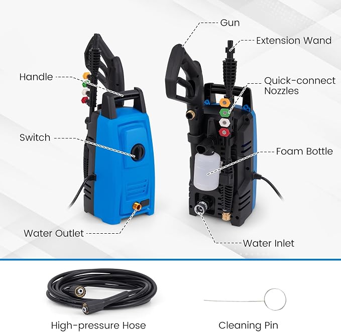 COSTWAY Electric Pressure Washer, Max 1900 PSI 1.8 GPM Power Washer with 4 Nozzles, Foam Bottle & Spray Gun, Portable Pressured Cleaner with 35.5 ft Power Cord & 20 ft Hose for Cars, Siding, Driveways