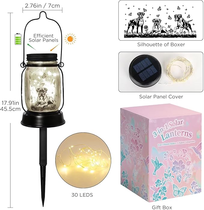 Boxer Dog Gifts for Women/Men Boxer Dog Lovers Solar Lantern Mom Birthday, Mothers Day, Christmas Gifts, Solar Garden Decoration Outside for Yard, Patio,Backyard,Porch, Torches