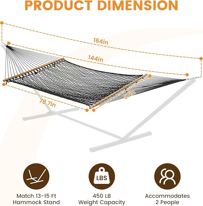 Lazy Daze Hammocks 12FT Double Rope Hammocks, 2 Person Hand Woven Cotton Hammock with Spreader Bar, Carabiner, Tree Strap, Chain for Outside, FIT 13-15 FT Stand, Max 450 Lbs, Black