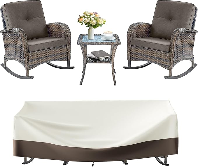 Outdoor Rocking Chairs Set of 2-Patio Table and Chairs Set Outdoor Conversation Furniture Sets for Deck Porch Garden Balcony Poolside-Brown/Grey