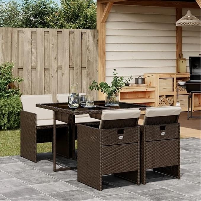 Afuera Living 5-Piece Rattan Patio Dining Set, Brown/Cream White Finish, PE Rattan & Powder-Coated Steel, Foldable Chairs with Removable Cushions, Weather-Resistant, Outdoor Table for Garden or Patio