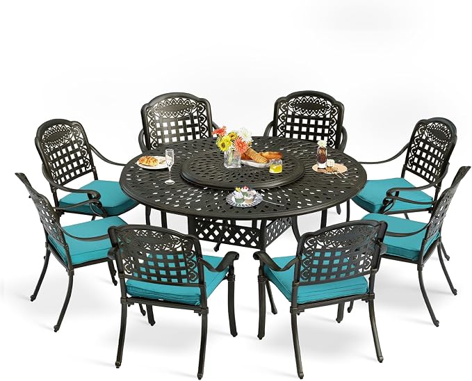 9-Piece Patio Furniture Dining Set, All Weather Cast Aluminum Outdoor Conversation Set- 61" Round Patio Dining Table with Detachable Lazy Susan & 8 Chairs, 2" Umbrella Hole, Ocean Blue