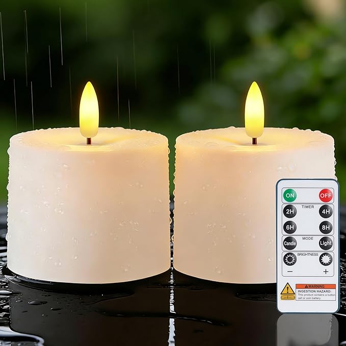 Raycare 3"x2.5" White Outdoor Waterproof Flameless Candles with Remote and Timer, Realistic LED Candles, Battery Operated Electric Fake Pillar Candles for Porch, Patio, Garden, Set of 2