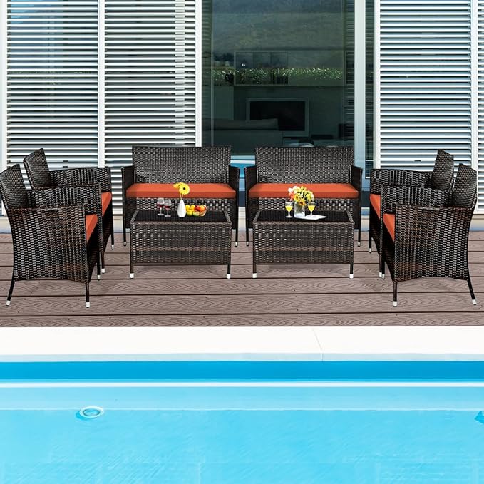8 Pieces Patio Sofa Set, Wicker Conversation Set with Ergonomic Curved Backrest, Water-Resistant Cushion & Tempered Glass Table for Balcony, Porch (Orange)