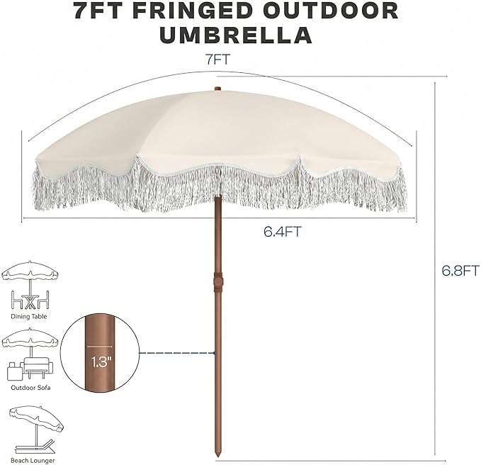 7FT Patio Umbrella with Fringe, Outdoor Tassel Umbrella with Fiberglass Ribs, Boho Beach Umbrella, Push Button Tilt and Carrying Bag, UPF50+
