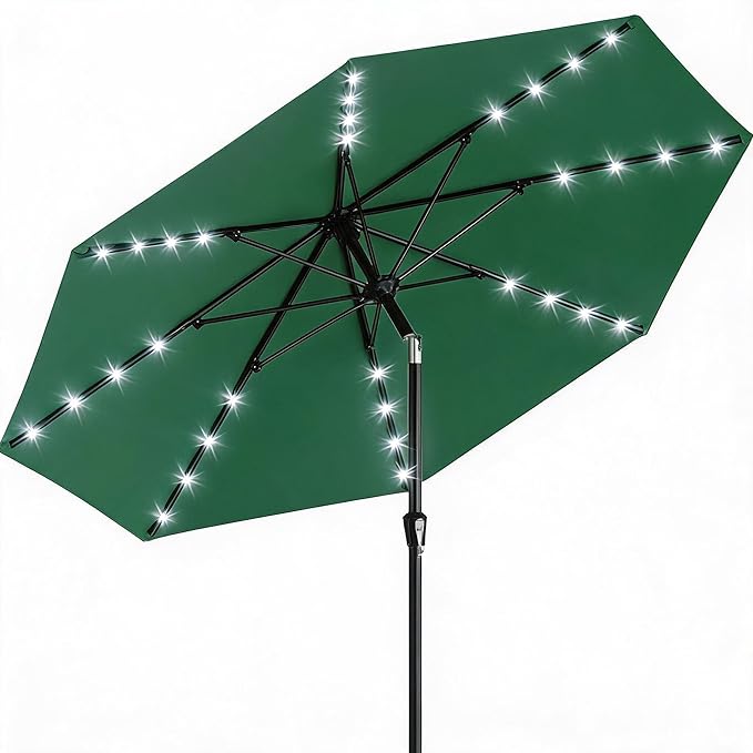GarveeLife 9 ft Patio Umbrella with Solar Lights, Outdoor Table Umbrella with 32 LED Lights & Tilt Crank, 8 Ribs Market Umbrella for Pool, Deck, Backyard, Dark Green