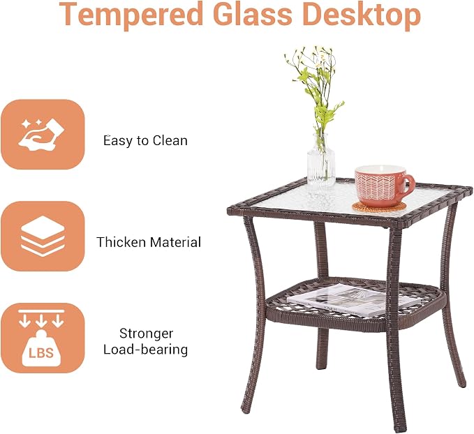 18'' Outdoor Side Table with Tempered Glass Top, Rattan Side Table with Storage, Square Wicker End Coffee Table for Patio Outside Balcony Porch Deck, Brown