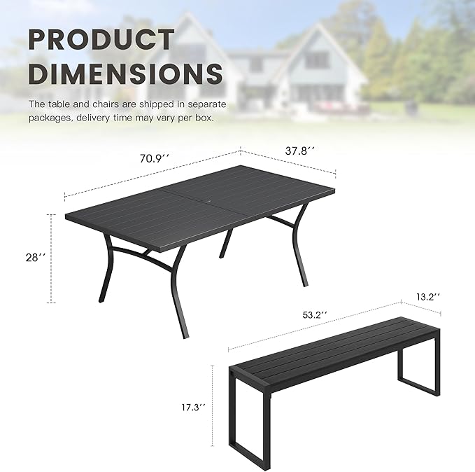 3 Pieces Outdoor Dining Set, 70.9" Patio Dining Table with 2 Outdoor Backless Benches Metal Frame & Faux Wood Seat for Garden Lawn Backyard, Black