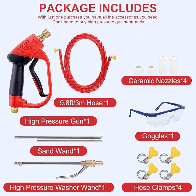 Pressure Washer Sand Gun Blaster Kit with Gun, 5000 PSI Sand Gun Blaster for Pressure Washer with 4 PCS Replacement Nozzle & 1/4'' Quick Disconnect Wet Abrasive Sand Gun Blaster Attachment