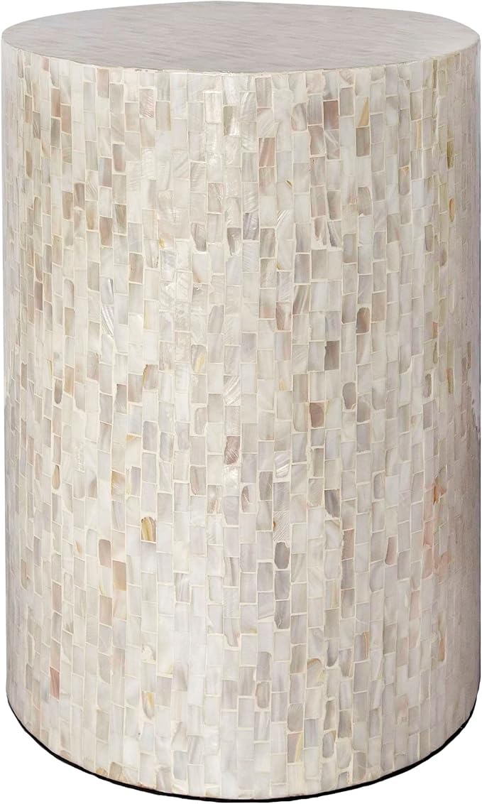 PEMAR Mother of Pearl Cylinder Drum End Table Nacre Side Stool Round Accent Table Coffee Bedside Nightstand and Vanity Stool 13" Diameter x 19.3" High Pearl White & Cream