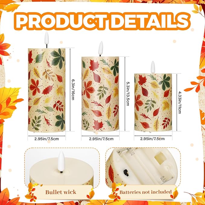 Tuanse 3 Pcs Thanksgiving Fall Flameless Candles Maple Leaf LED Candle Lights Battery Operated Candles Mixed Size Flickering LED Light for Fall Thanksgiving Halloween Harvest(Colorful Maple Leaves)