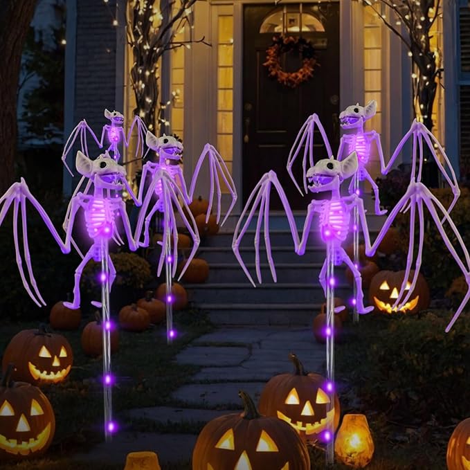 Halloween Decorations Outdoor Solar Garden Lights,2PCS of Set 3D Scary Bat Realistic Skeleton Outside Decor,Solar Creepy Bats Path Lights for Grave/Yard/House/Halloween Party Gifts Decor Purple