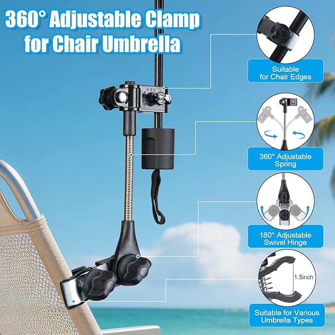 Beach Chair Umbrella with Clamp 360° Adjustable Clip On Umbrella for Camping Chair UPF 50+ UV Protection Sun Shade Portable Stroller Umbrellas for Travel, Wheelchair, Boat, Patio, Golf Cart