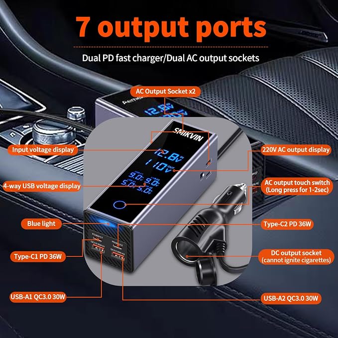 300W Car Power Inverter - 12V to 110V AC Converter with 2 AC Outlets & 4 USB Ports (2 PD 36W + 2 QC3.0 30W), Voltage Display, Cooling Fan for Laptop/CPAP/Travel