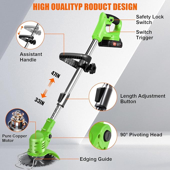 Electric Weed Wacker Cordless with Wheels, 2pcs Batteries&4 Types Blades,Lightweight, Low Noise 21V Battery Powered Weed Wacker, 3-in-1 Grass Trimmer/Brush Cutter/Edger, for Thick Weeds&Yard Garden