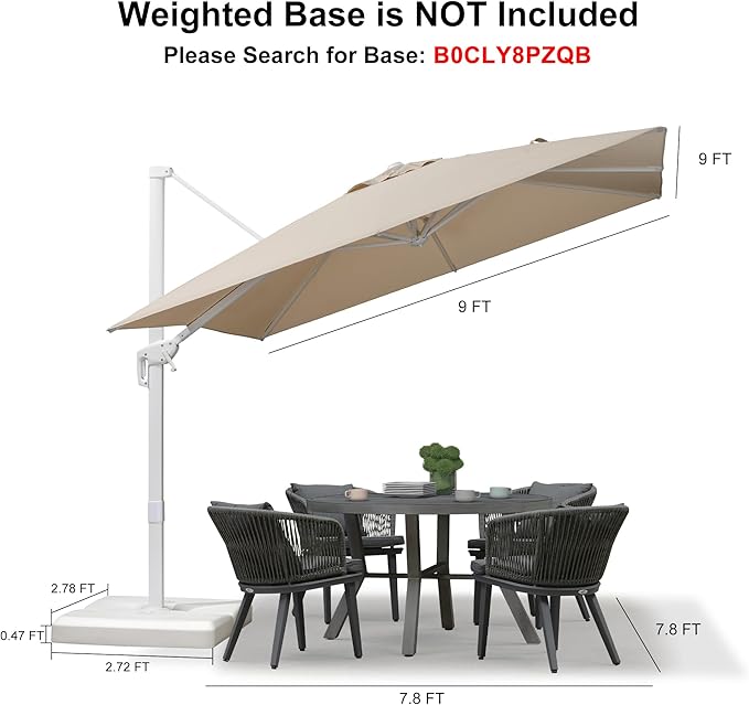 PURPLE LEAF 9 FT Patio Umbrella White Cantilever Umbrella Aluminum Square Outdoor Offset Umbrella Hanging Windproof with 360° Rotation for Garden Deck Pool, Beige