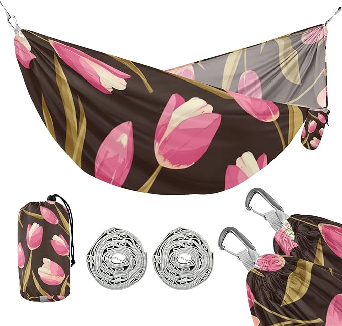 Pink Tulipa Green Leaves Flat Illustration Style 330lb Capacity Outdoor Hammocks with Hanging Rope Rope Hammock for Indoor Outdoor Patio soporte para hamacas para adultos