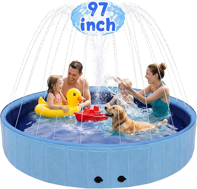 Eooqi Foldable Dog Pool with Sprinkler, 97 Inch Extra Large Thickened Splash Pool, 2-in-1 Outdoor Summer Water Play Toy, Non-Slip Hard-Side Kiddie Pool for Backyard Dogs, Kids & Pets (Blue, 97"-6XL)